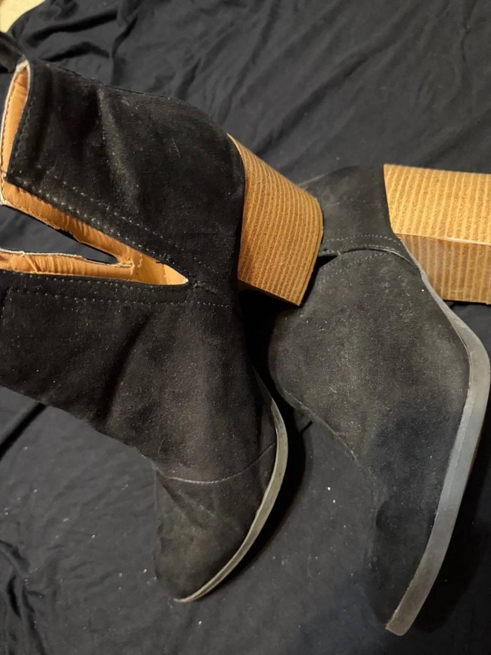 Qupid Black Suede Ankle Booties with Stacked Wood Heel